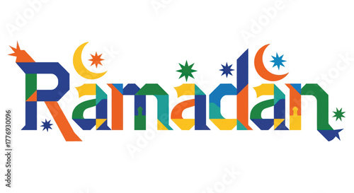 Colorful Ramadan Text with Crescent Moon and Star Decorations.