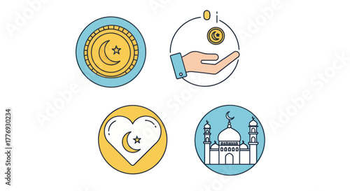 Islamic symbols collection with mosque coin heart and charity hand.
