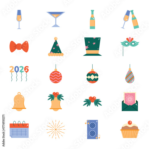 Happy New Year Flat Icons Set