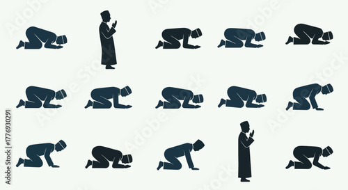 Collection of Muslim Men Silhouettes Performing Congregational Prayer.