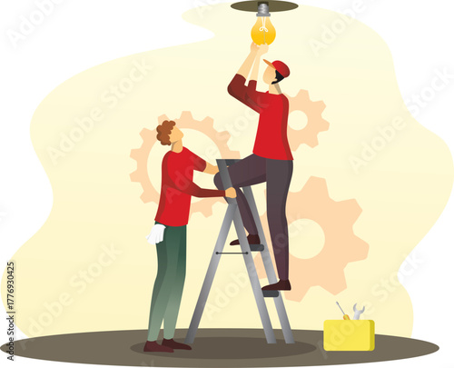 a home electronics repairman is installing a light bulb vector illustration, Repair technician fixing lamp bulb at home