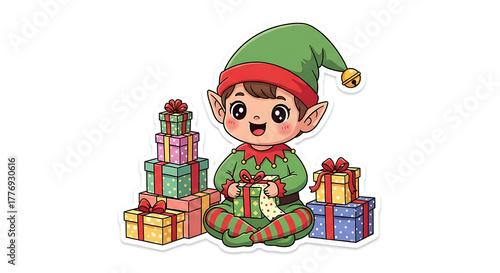 Joyful cartoon elf child with cheerful expression surrounded by stacks of beautifully wrapped holiday presents