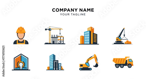 Construction Industry Icons Set Featuring Worker Buildings and Machinery.