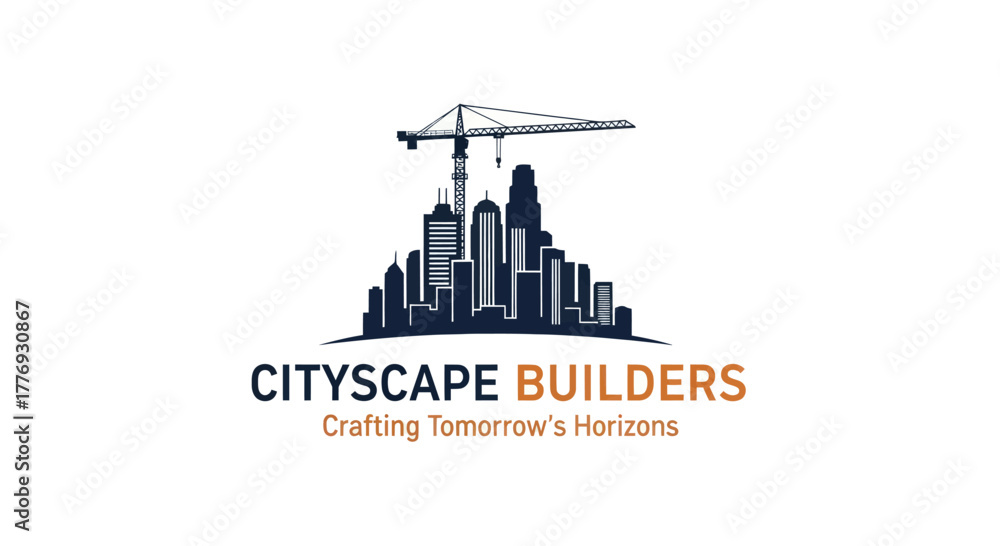 Obraz premium Cityscape Builders construction logo with a crane over urban skyscrapers.