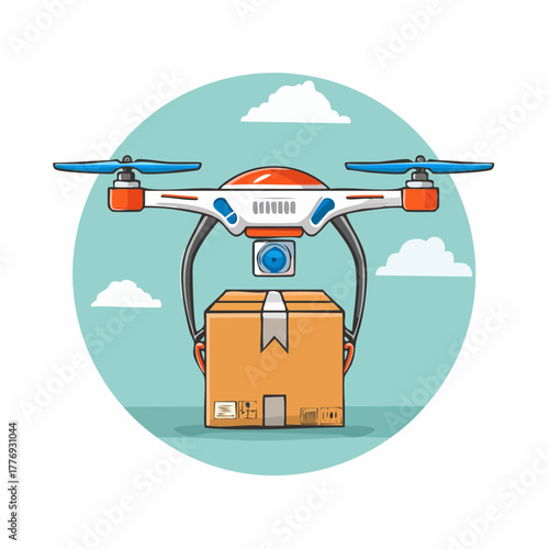 Cartoon Drone Delivering Package with Propellers and Camera.