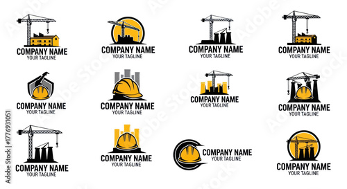 Construction Company Logo Set - Cranes, Buildings, and Safety Helmets.