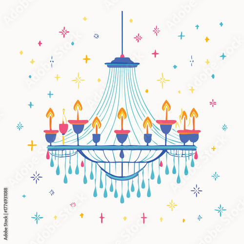 Chandelier With Blue Tones And Pink Accents Crystal Beads And Candles Surrounded By Multicolored Sparkling Stars