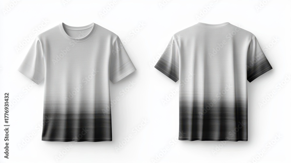 Naklejka premium Front and back view of a t-shirt mockup with a minimalist design of fine horizontal lines isolated on a white background