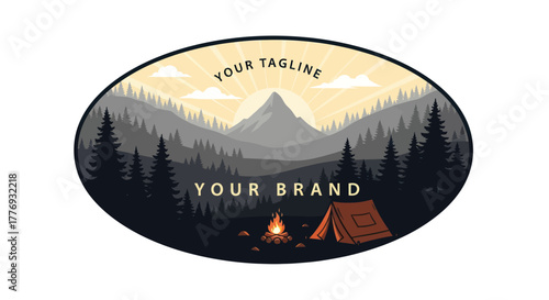 Camping Adventure Scene with Tent and Campfire in Mountains.