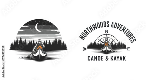 Vintage Canoe and Kayak Adventure Logos with Compass and Forest.