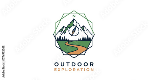 Outdoor exploration logo featuring mountains, compass, and winding path, nature travel.