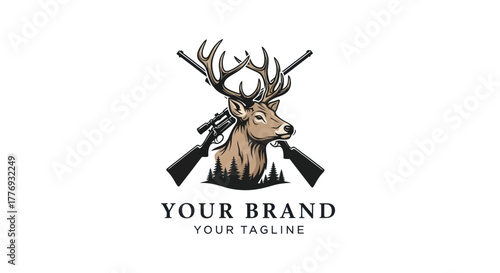 Majestic Deer Head with Crossed Rifles Emblem.