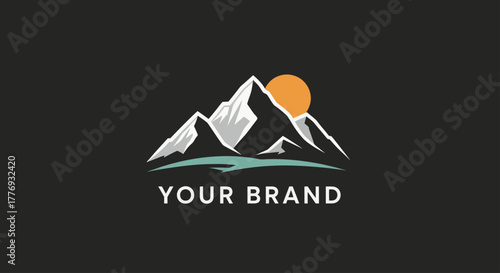 Majestic Mountain Range with Sun and Lake Logo Design.