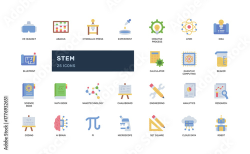 STEM icon set in flat style for science learning and classroom materials