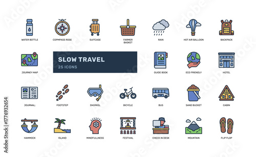 Slow travel icon set in filled line style for sustainable vacation and backpacking