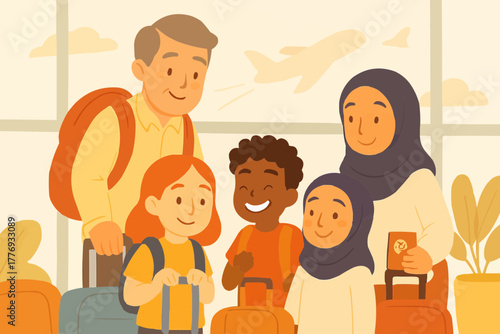 Multicultural family traveling together with visible joy, shared experiences, and inclusive travel gear