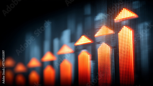 Digital display of upward arrows indicating rising performance, strong momentum, and a sustained positive trend.
