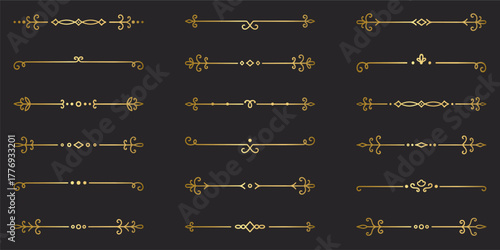 Gold text dividers doodle set. Wedding decorative elements. Divider ornament, borders, vintage line separators. Hand drawn vector illustration isolated on black background