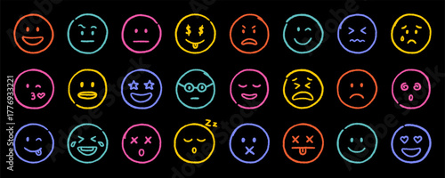 Crayon emoji face doodle set. Chalk icons with emotions, hand drawn kids smile in sketch style. Vector illustration isolated on black background