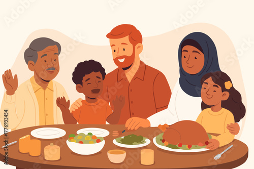 Multicultural family enjoying dinner together with warm gestures and inclusive table setting