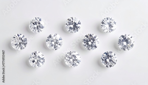 Ten sparkling clear round cut diamonds arranged symmetrically on a clean white surface under soft studio lighting showcasing their brilliant facets and clarity for luxury jewelry or finance concepts
