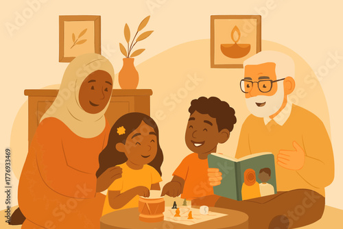 Siblings of different backgrounds sharing toys and helping each other with joyful expressions