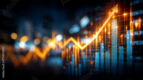 Abstract financial graph with an upward arrow representing success, growth strategy and long term performance.
