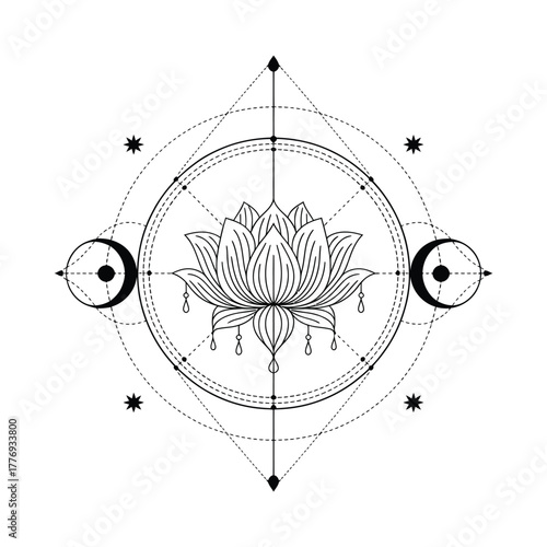 Mystical lotus flower with celestial moon phases and geometric design