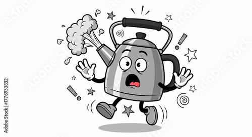 Cartoon kettle character shocked by broccoli expressing surprise and fear.