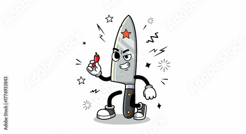 Cartoon Knife Character Holding a Small Red Object with a Determined Expression.
