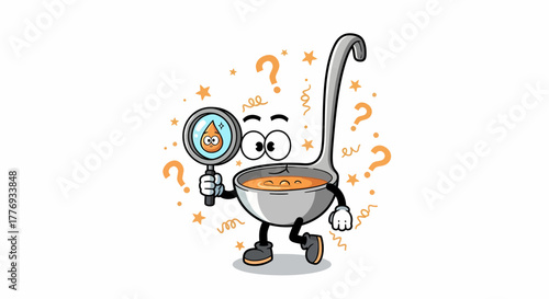 Cartoon Ladle Character with Magnifying Glass Searching for Hot Food.