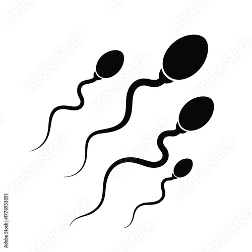 Black silhouette of sperm cells swimming on white background