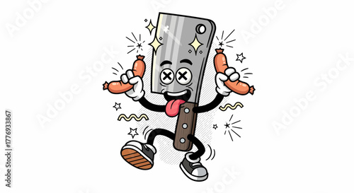 Cartoon Meat Cleaver Character Dancing With Sausages.