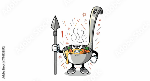Cartoon soup ladle warrior holding spear ready for battle.