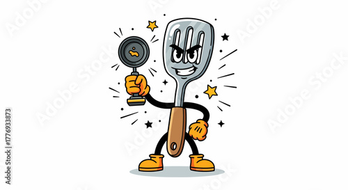 Cartoon Spatula Character Holding a Frying Pan Trophy.