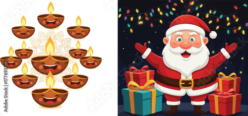 Diwali celebration with smiling oil lamps, Christmas Santa Claus with gifts, festive lights, joyful holidays, multicultural winter festival illustration