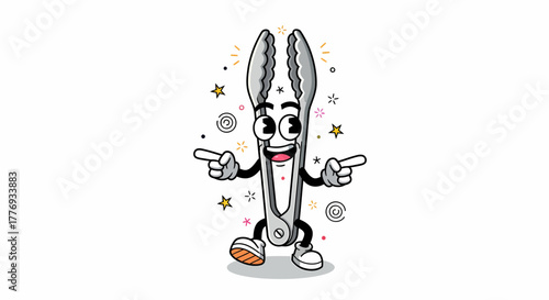 Cartoon Tongs Character Pointing Sideways with a Cheerful Expression.