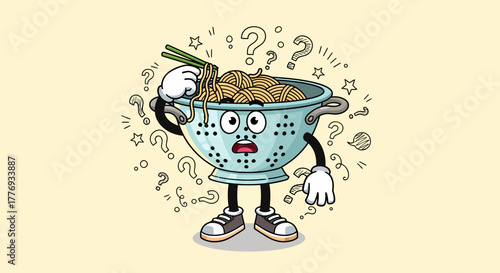 Confused cartoon colander character with spaghetti hair scratching its head.
