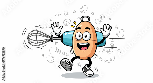 Cartoon whisk character running with excitement and joy.