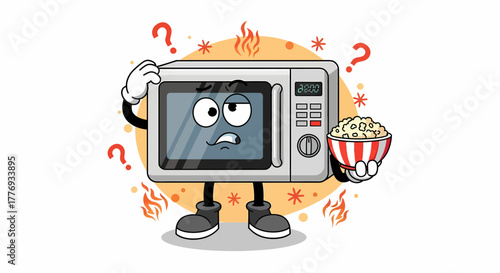 Confused microwave oven cartoon character holding a bucket of popcorn.