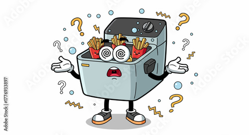 Confused Cartoon Deep Fryer Character with French Fries.