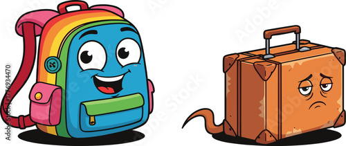 Colorful happy backpack cartoon, sad suitcase character, travel emotion concept, kids luggage illustration, expressive bag design, school journey fun