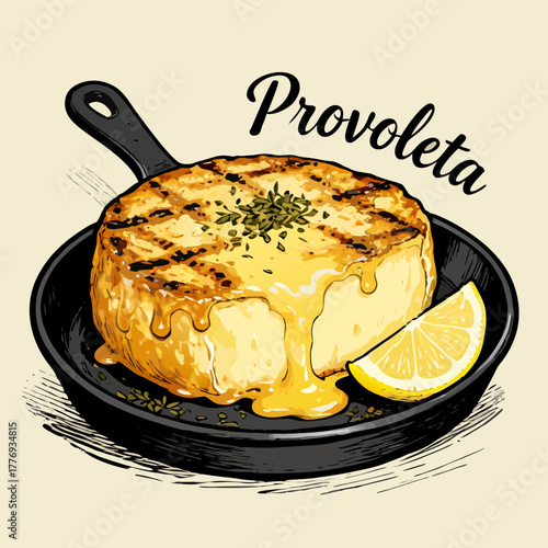 Provoleta, A vector illustration of a grilled provolone cheese appetizer, melted and gooey in a hot cast iron skillet, garnished with herbs and served with a lemon wedge