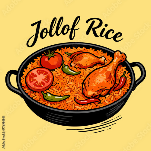 A colorful vector illustration of a traditional West African Jollof rice dish with chicken, tomatoes, and chili peppers in a cooking pot