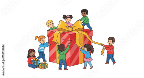 A group of diverse children working together to unwrap a large gift box.