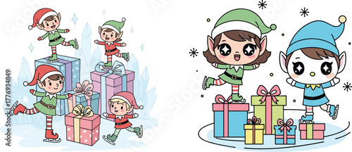 Christmas elves, penguin skating, holiday gifts, winter fun, festive characters, snowflakes, colorful boxes, ribbons, celebration, cartoon illustration, joy