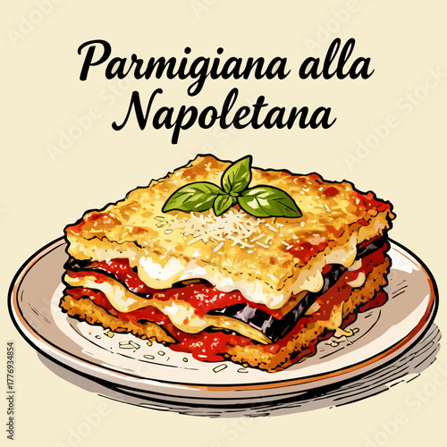  Vector illustration of a traditional Italian layered eggplant parmesan slice, a classic Mediterranean comfort food dish, Parmigiana alla napoletana