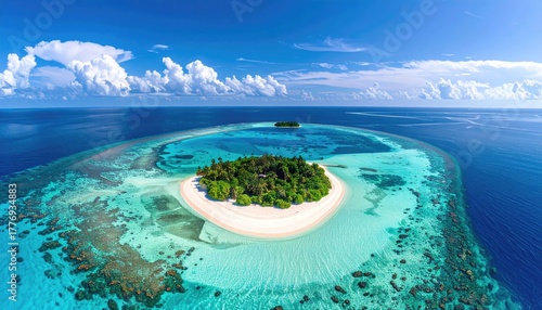 Fototapeta Naklejka Na Ścianę i Meble -  Tropical Island Paradise Azure Ocean Crystal Clear Water Lush Green Palm Trees White Sand Beach Serene Aerial View