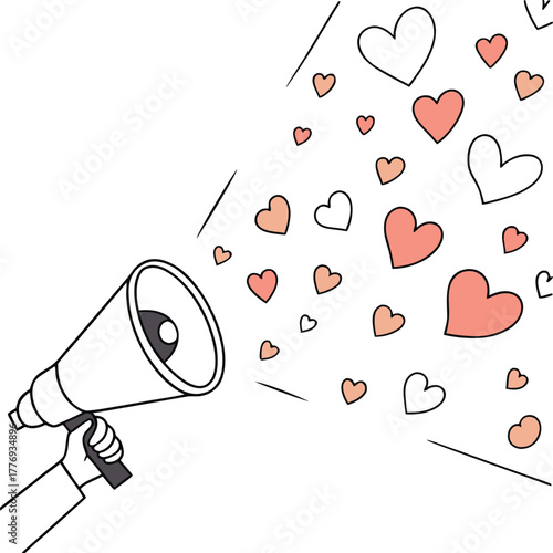Hand holding megaphone broadcasting love hearts communication marketing social media announcement