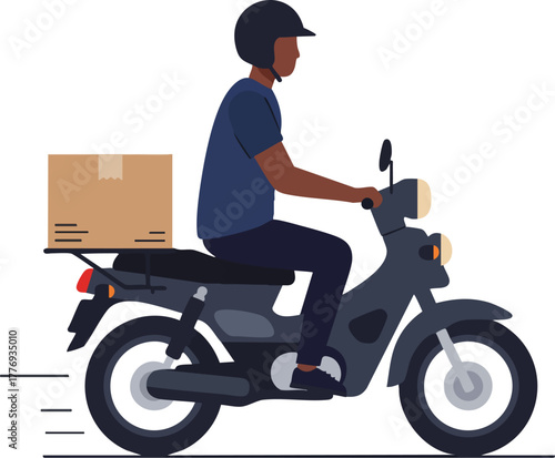 A delivery person rides a motorcycle with a cardboard box on the back.